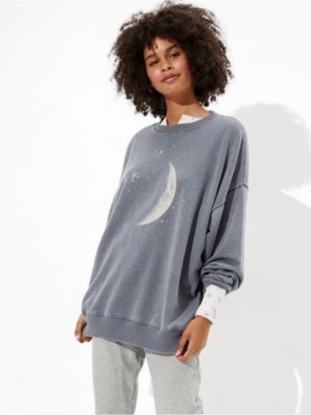 American Eagle Gray Jegging-Fit Crescent Moon Graphic Sweatshirt - Picture 2 of 5